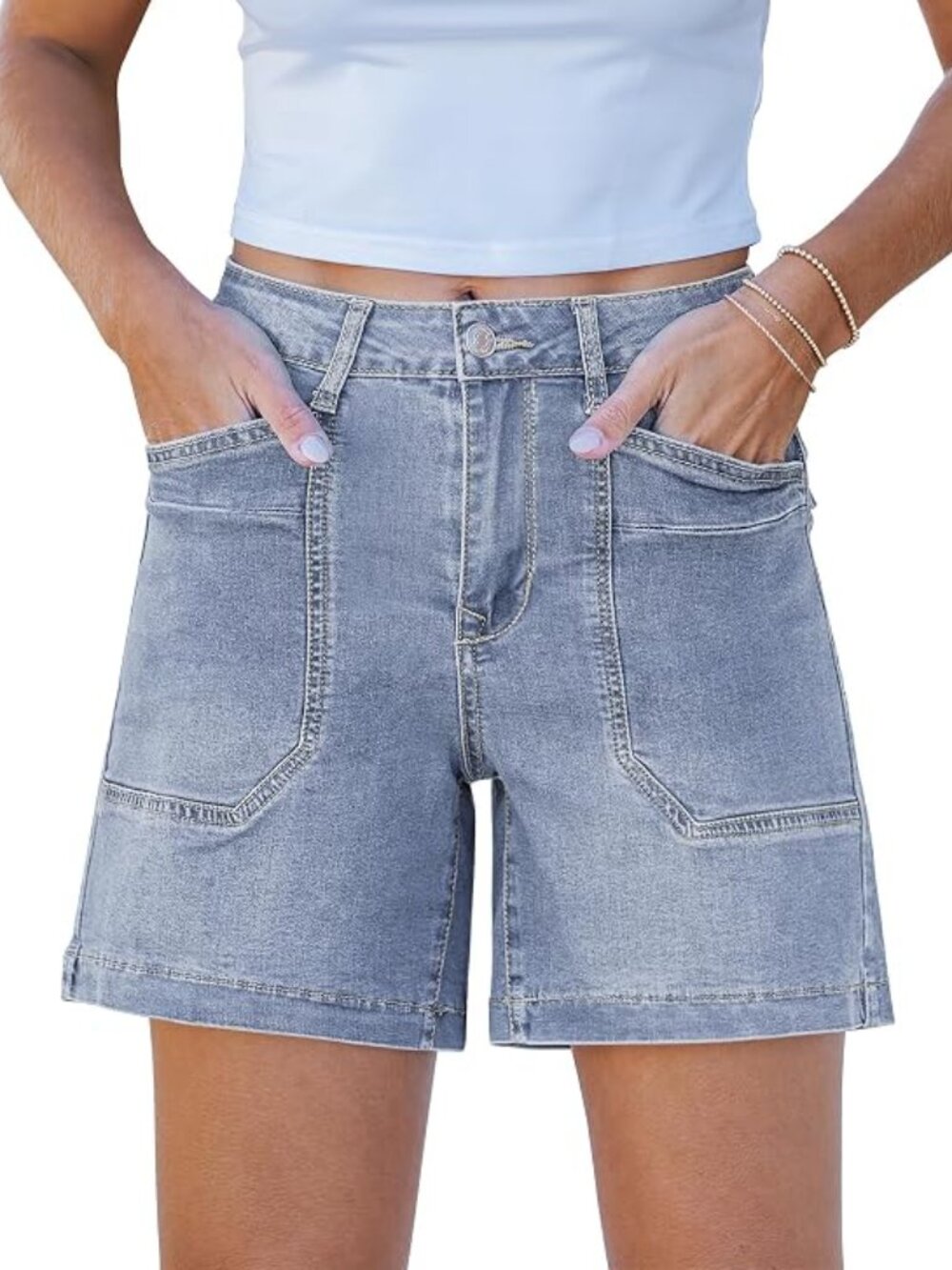 Women's Blue Trendy Mid Rise Summer Jorts Stretchy Denim Shorts with Pockects